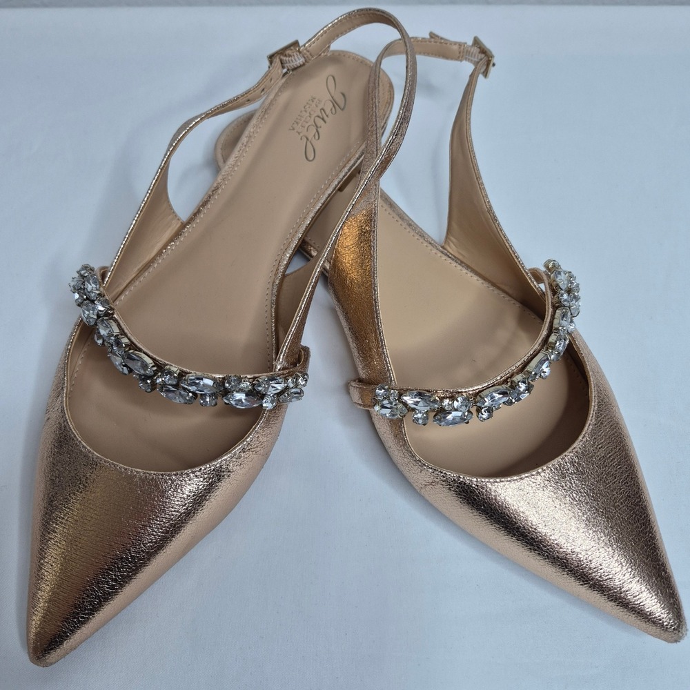Jewel Badgley Mischka Rose Gold Metallic Crystal Slingback Pointed Toe Flats 11
